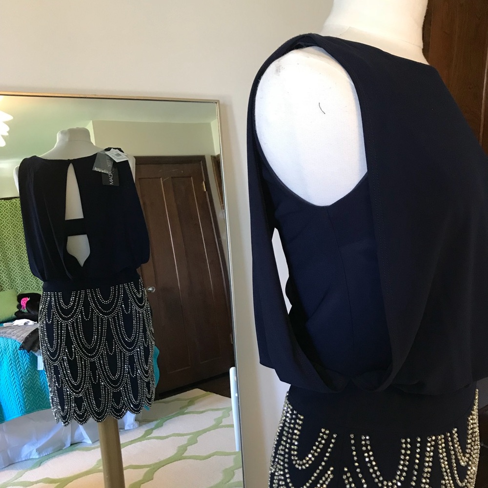 Navy draped dress with beaded skirt - Picture 4 of 4
